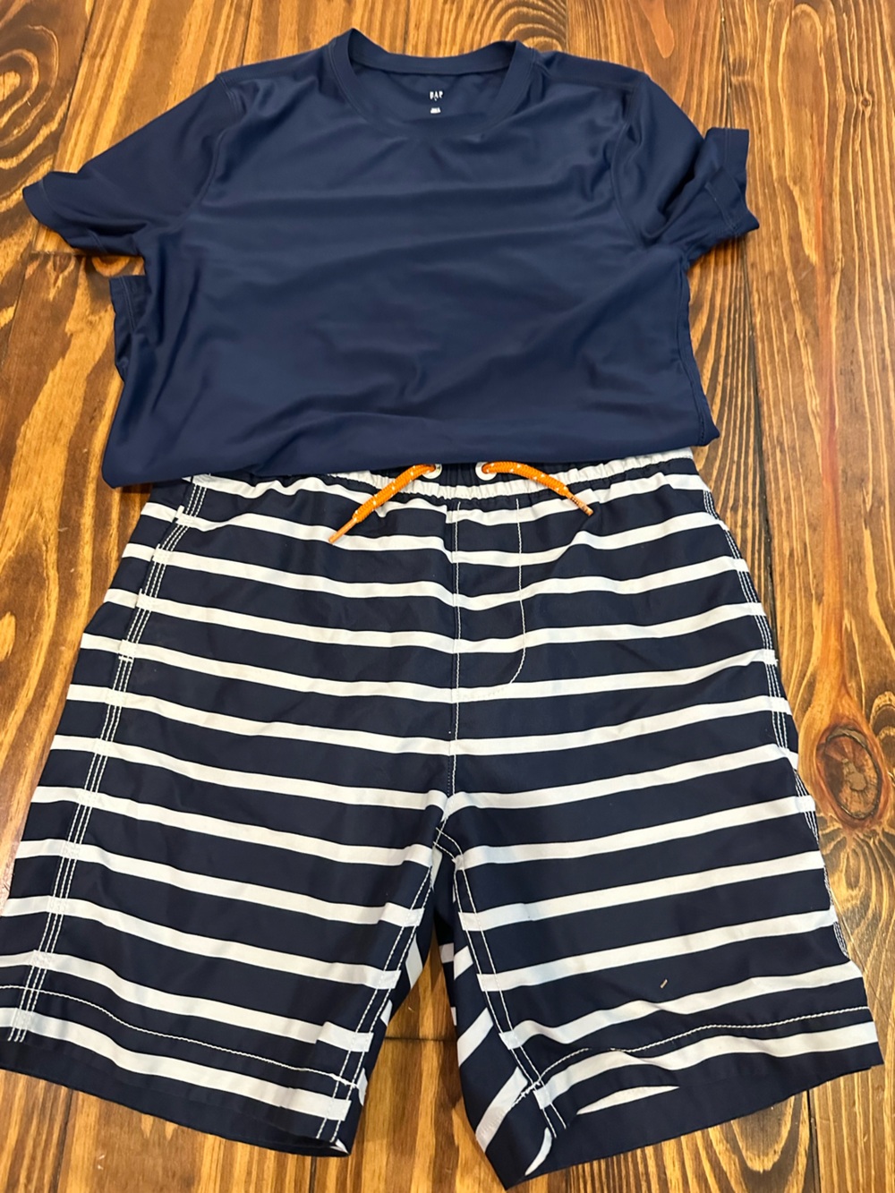 GAP Navy & White Striped Swim Hybrids with Orange Drawstring